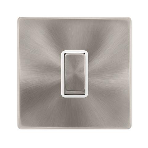 Screwless Plate Brushed Steel 10A Ingot 1 Gang Intermediate Light Switch - White Trim