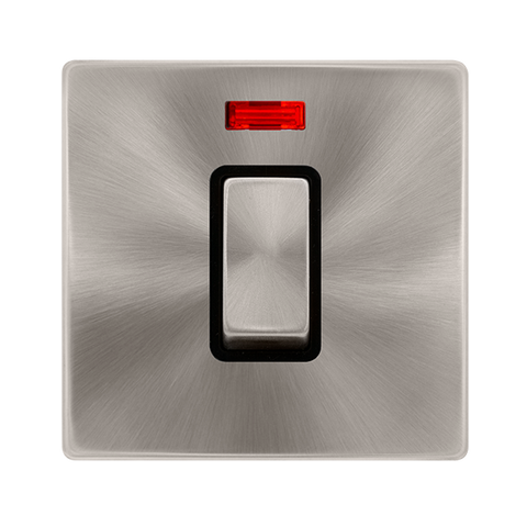 Screwless Plate Brushed Steel 50A Ingot 1 Gang Double Pole Switch With Neon - Black Trim - SE Home