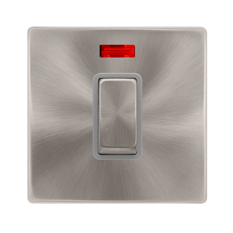 50A Ingot 1 Gang Double Pole Switch With Neon - Brushed Steel Cover Plate - Grey Insert - Screwless - SE Home