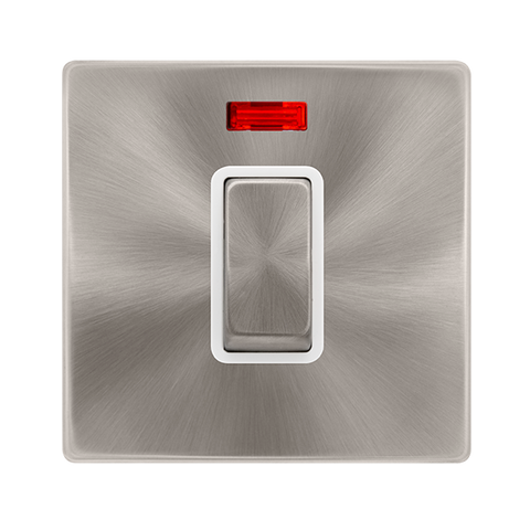 Screwless Plate Brushed Steel 50A Ingot 1 Gang Double Pole Switch With Neon - White Trim - SE Home