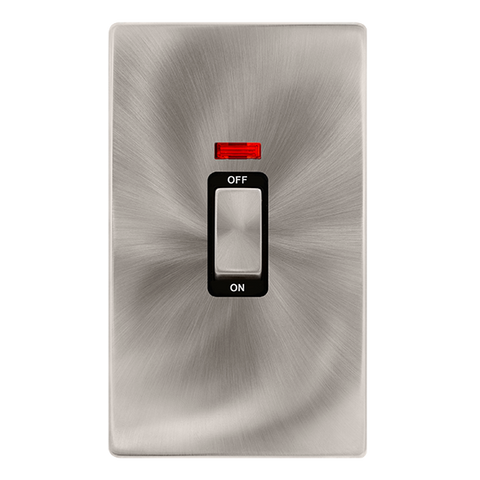 Screwless Plate Brushed Steel 50A Ingot 2 Gang Double Pole Switch With Neon - Black Trim - SE Home