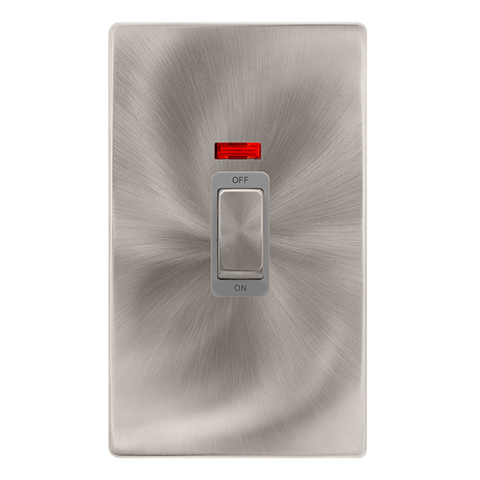 50A Ingot 2 Gang Double Pole Switch With Neon - Brushed Steel Cover Plate - Grey Insert - Screwless - SE Home