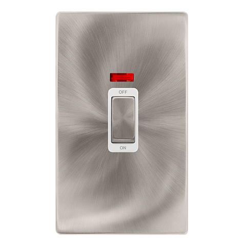 Screwless Plate Brushed Steel 50A Ingot 2 Gang Double Pole Switch With Neon - White Trim - SE Home