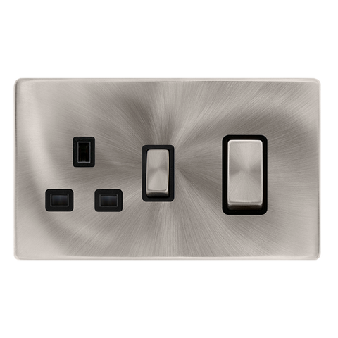 Screwless Plate Brushed Steel 50A Ingot Double Pole Switch With 13A Double Pole Switched Plug Socket - Black Trim - SE Home