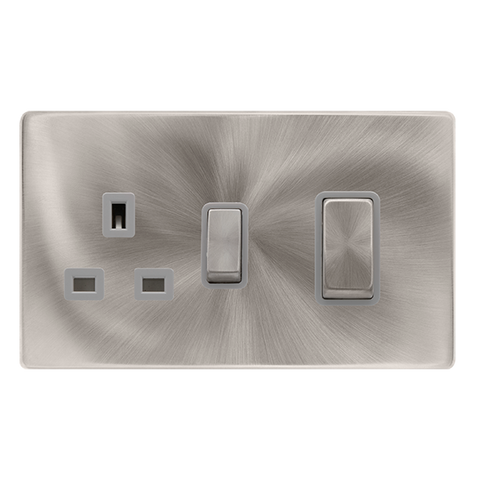 50A Ingot Double Pole Switch With 13A Double Pole Switched Socket - Brushed Steel Cover Plate - Grey Insert - Screwless - SE Home