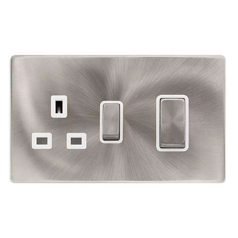 Screwless Plate Brushed Steel 50A Ingot Double Pole Switch With 13A Double Pole Switched Plug Socket - White Trim - SE Home