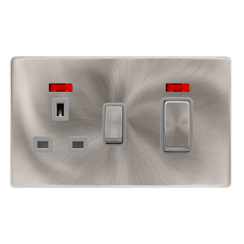50A Ingot Double Pole Switch With 13A Double Pole Switched Socket + Neon - Brushed Steel Cover Plate - Grey Insert - Screwless - SE Home