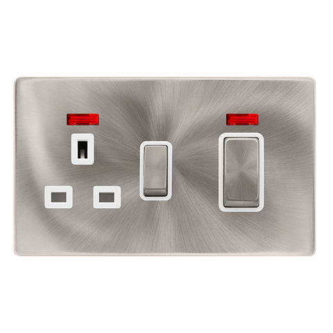 Screwless Plate Brushed Steel 50A Ingot Double Pole Switch With 13A Double Pole Switched Plug Socket + Neon -  White Trim