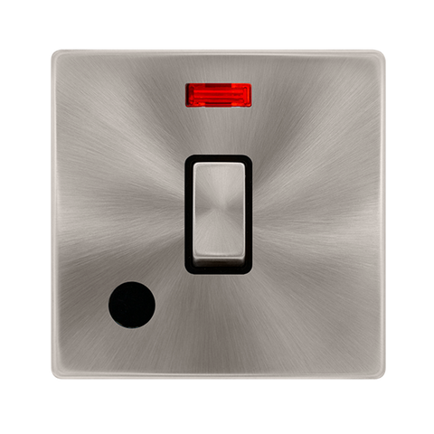 Screwless Plate Brushed Steel 20A Ingot Double Pole Switch With Neon + Flex Outlet - Black Trim