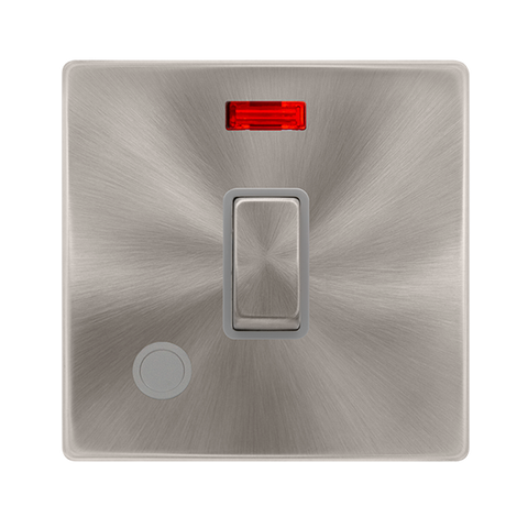 20A Ingot Double Pole Switch With Neon + Flex Outlet - Brushed Steel Cover Plate - Grey Insert - Screwless