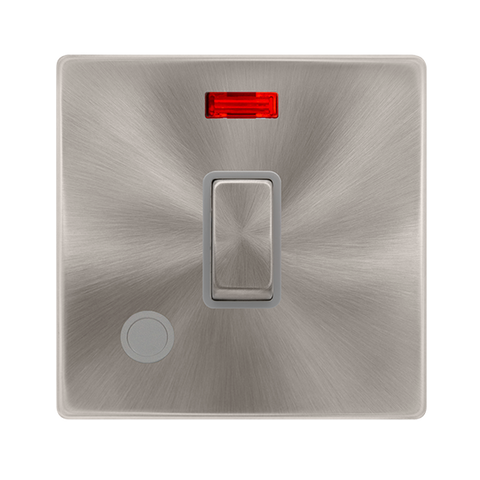 20A Ingot Double Pole Switch With Neon + Flex Outlet - Brushed Steel Cover Plate - Grey Insert - Screwless - SE Home