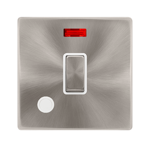 Screwless Plate Brushed Steel 20A Ingot Double Pole Switch With Neon + Flex Outlet - White Trim