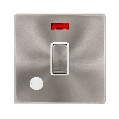Screwless Plate Brushed Steel 20A Ingot Double Pole Switch With Neon + Flex Outlet - White Trim - SE Home