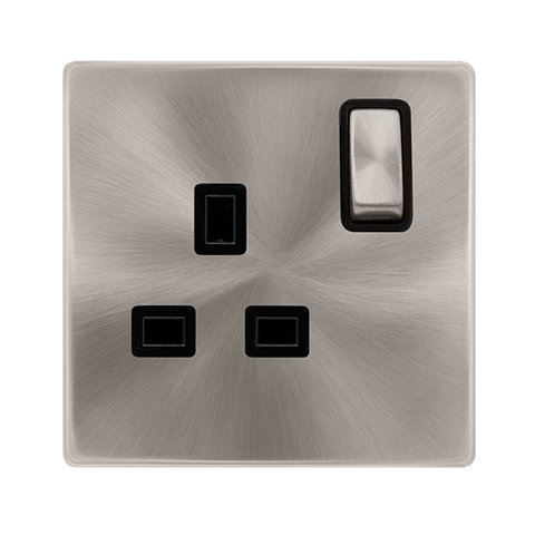 Screwless Plate Brushed Steel 13A Ingot 1 Gang DP Switched Plug Socket - Black Trim