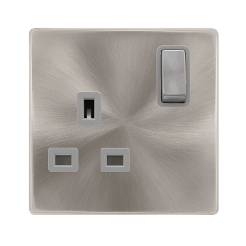13A Ingot 1 Gang DP Switched Socket - Brushed Steel Cover Plate - Grey Insert - Screwless - SE Home