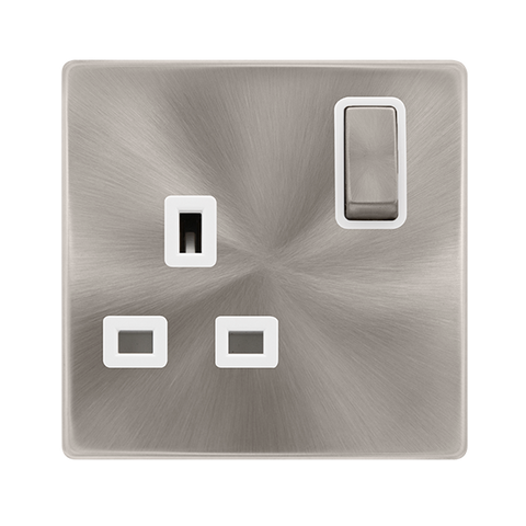 Screwless Plate Brushed Steel 13A Ingot 1 Gang DP Switched Plug Socket - White Trim