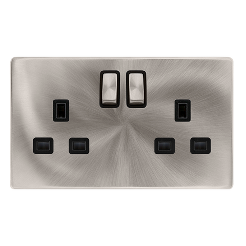 Screwless Plate Brushed Steel 13A Ingot 2 Gang DP Switched Plug Socket - Black Trim