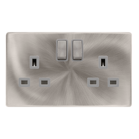 13A Ingot 2 Gang DP Switched Socket - Brushed Steel Cover Plate - Grey Insert - Screwless - SE Home