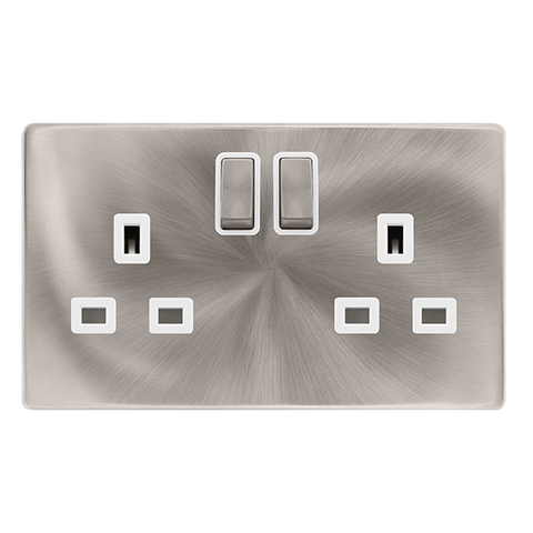 Screwless Plate Brushed Steel 13A Ingot 2 Gang DP Switched Plug Socket - White Trim - SE Home