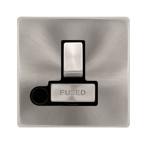 Screwless Plate Brushed Steel 13A Ingot Switched Fused Connection Unit With Optional Flex Outlet - Black Trim