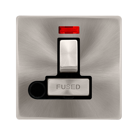 Screwless Plate Brushed Steel 13A Ingot Switched Fused Connection Unit With Neon + Optional Flex Outlet - Black Trim - SE Home