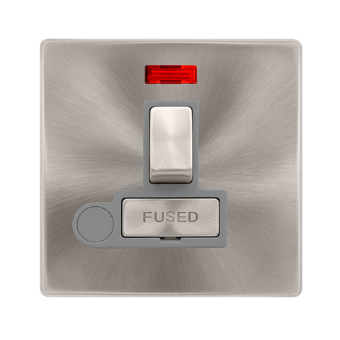 13A Ingot Switched Fused Connection Unit With Neon + Optional Flex Outlet - Brushed Steel Cover Plate - Grey Insert - Screwless - SE Home
