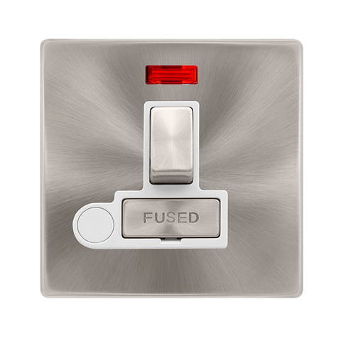 Screwless Plate Brushed Steel 13A Ingot Switched Fused Connection Unit With Neon + Optional Flex Outlet - White Trim - SE Home
