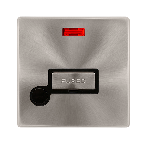 Screwless Plate Brushed Steel 13A Ingot Fused Connection Unit With Neon + Optional Flex Outlet - Black Trim - SE Home