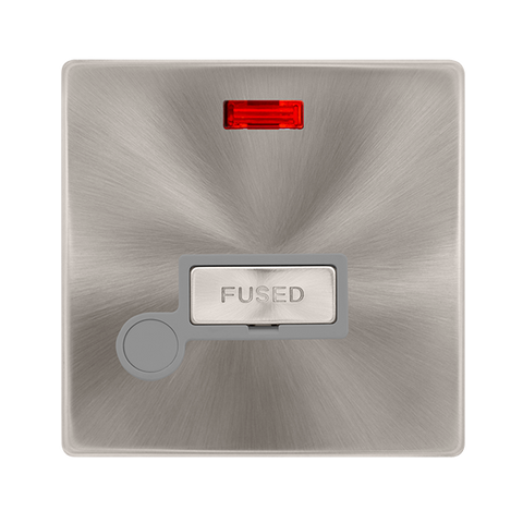 13A Ingot Fused Connection Unit With Neon + Optional Flex Outlet - Brushed Steel Cover Plate - Grey Insert - Screwless