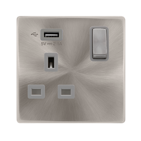13A Ingot 1 Gang Switched Socket With 2.1A Usb Outlet - Brushed Steel Cover Plate - Grey Insert - Screwless - SE Home