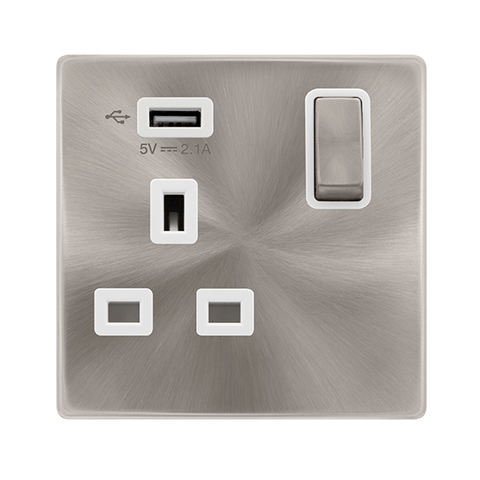 Screwless Plate Brushed Steel 13A Ingot 1 Gang Switched Plug Socket With 2.1A Usb Outlet - White Trim - SE Home
