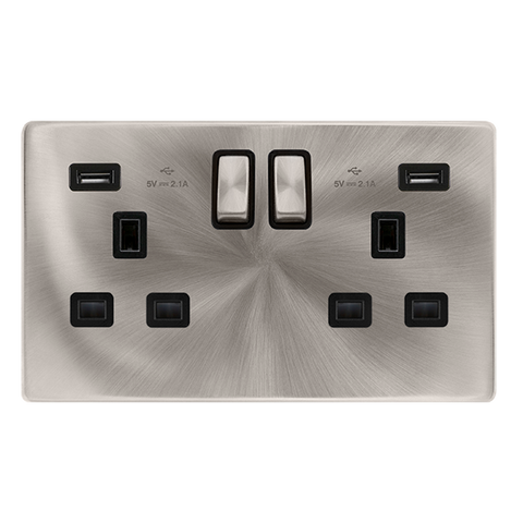 Screwless Plate Brushed Steel 13A Ingot 2 Gang Switched Plug Socket With 2.1A Usb Outlets - Black Trim - SE Home
