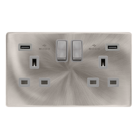 13A Ingot 2 Gang Switched Socket With 2.1A Usb Outlets - Brushed Steel Cover Plate - Grey Insert - Screwless - SE Home