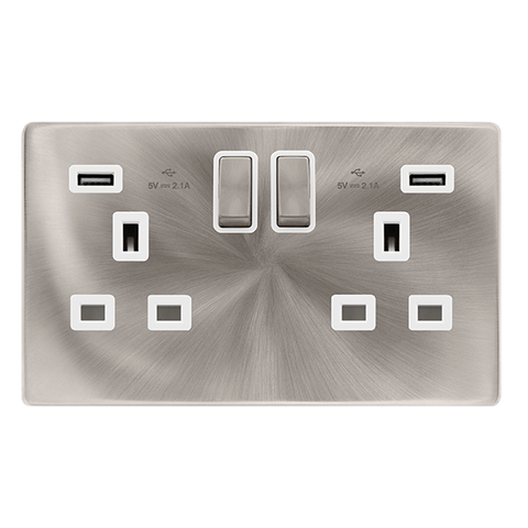 Screwless Plate Brushed Steel 13A Ingot 2 Gang Switched Plug Socket With 2.1A Usb Outlets - White Trim - SE Home