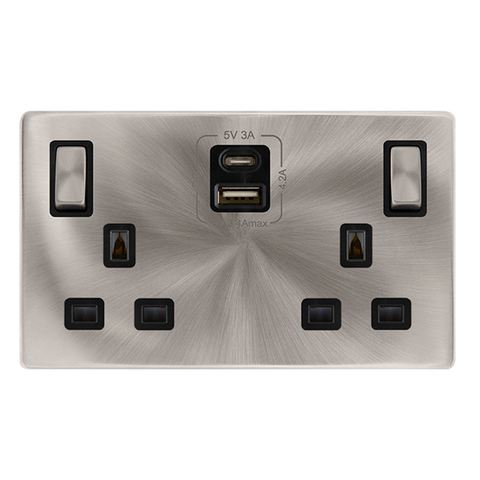 Screwless Plate Brushed Steel 13A Ingot 2 Gang Switched Plug Socket With Type A + C Usb - Black Trim - SE Home