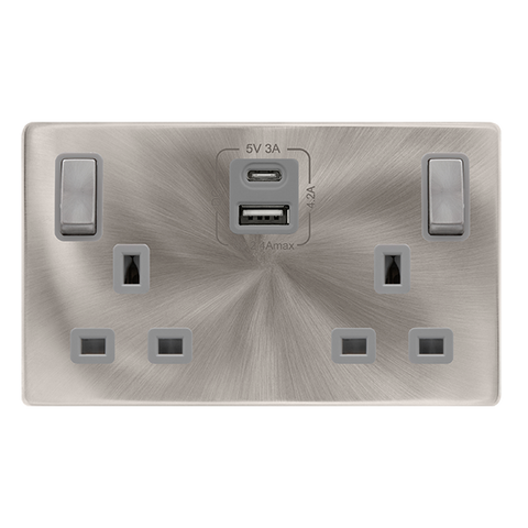 13A Ingot 2 Gang Switched Safety Shutter Socket With Type A + C Usb - Brushed Steel Cover Plate - Grey Insert - Screwless - SE Home