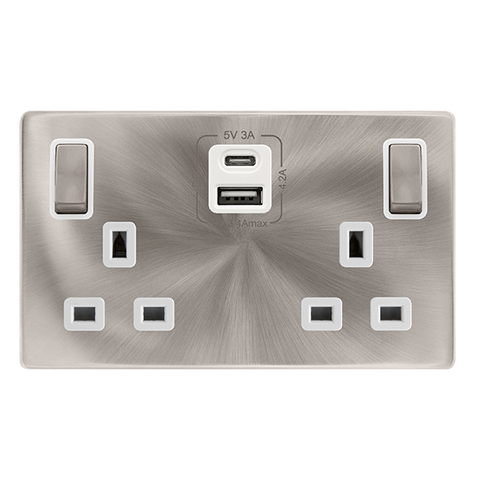 Screwless Plate Brushed Steel 13A Ingot 2 Gang Switched Safety Shutter Socket With Type A + C Usb - White Trim