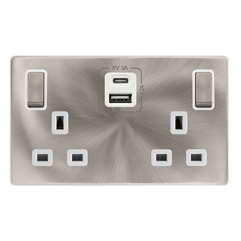 Screwless Plate Brushed Steel 13A Ingot 2 Gang Switched Safety Shutter Socket With Type A + C Usb - White Trim - SE Home
