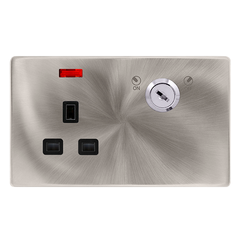 Screwless Plate Brushed Steel 13A 1 Gang Double Pole Key Lockable Socket With Neon - Black Trim - SE Home