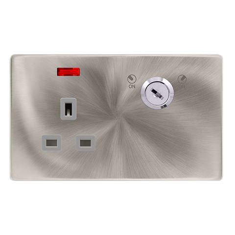13A 1 Gang Double Pole Key Lockable Socket With Neon - Brushed Steel Cover Plate - Grey Insert - Screwless