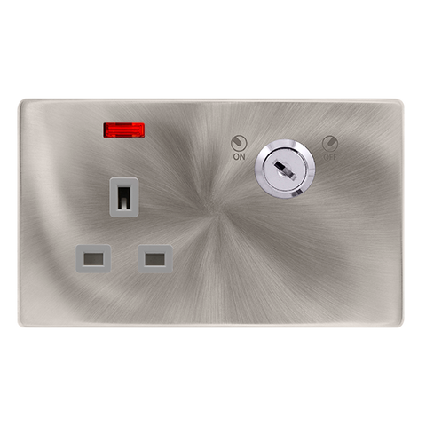 13A 1 Gang Double Pole Key Lockable Socket With Neon - Brushed Steel Cover Plate - Grey Insert - Screwless - SE Home