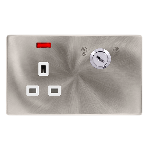 Screwless Plate Brushed Steel 13A 1 Gang Double Pole Key Lockable Socket With Neon - White Trim - SE Home