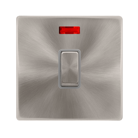 20A Ingot Double Pole Switch With Neon - Brushed Steel Cover Plate - Grey Insert - Screwless