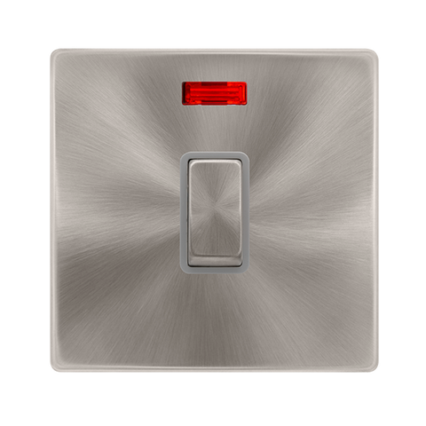 20A Ingot Double Pole Switch With Neon - Brushed Steel Cover Plate - Grey Insert - Screwless - SE Home