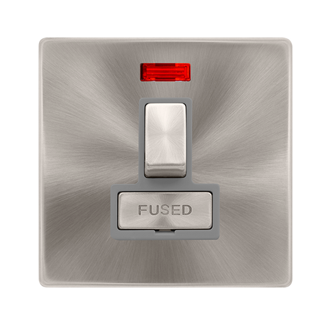 13A Ingot Switched Fused Connection Unit With Neon - Brushed Steel Cover Plate - Grey Insert - Screwless