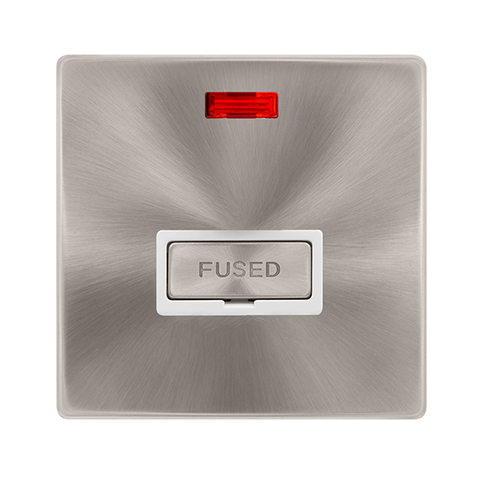 Screwless Plate Brushed Steel 13A Ingot Fused Connection Unit With Neon - White Trim