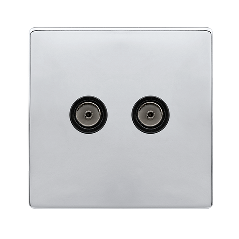 Screwless Plate Polished Chrome Twin Non-Isolated Coaxial Outlet - Black Trim