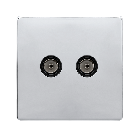 Screwless Plate Polished Chrome Twin Non-Isolated Coaxial Outlet - Black Trim - SE Home