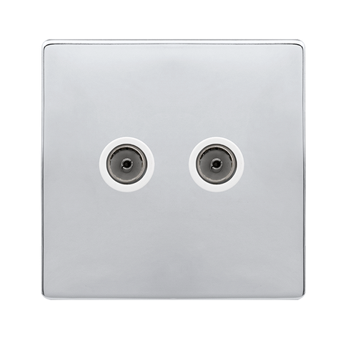 Screwless Plate Polished Chrome Twin Non-Isolated Coaxial Outlet - White Trim