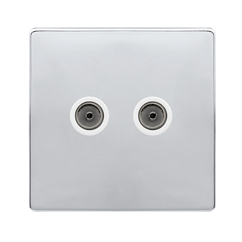 Screwless Plate Polished Chrome Twin Non-Isolated Coaxial Outlet - White Trim - SE Home